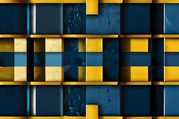 Canvas Print - Blue and yellow squares abstract geometric banner design. Technology vector background Generative AI