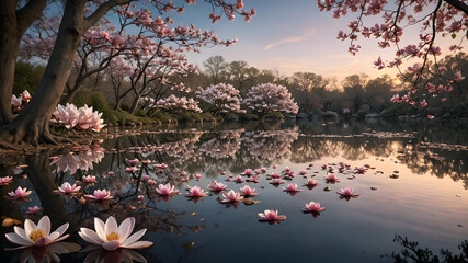 Wall Mural - Where the water reflected the sky like a mirror, the petals of magnolia flowers slowly faded. floated out of the trees and slowly come down gracefully