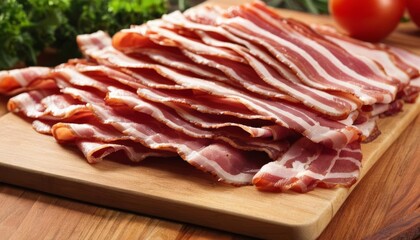 Sticker -  Freshly sliced bacon on a wooden board ready to cook