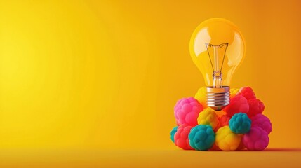 A vibrant light bulb surrounded by colorful pom-poms on a bright yellow background, symbolizing creativity and innovation.