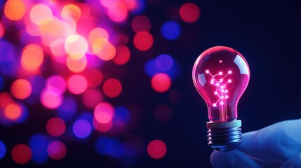 A vibrant light bulb illuminating in a sea of colorful bokeh, showcasing creativity and inspiration in an artistic environment.