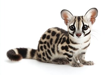 A Close-up of a Small, Spotted, Feline-Like Animal Sitting on a White Background