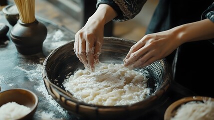 Close up shot showcasing the skilled hands of a baker carefully crafting traditional Korean songpyeon rice cakes a delicious dessert enjoyed during the Chuseok harvest moon festival