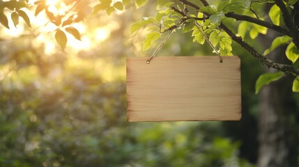Leinwandbilder - Wooden sign hanging from a tree in a tranquil garden setting
