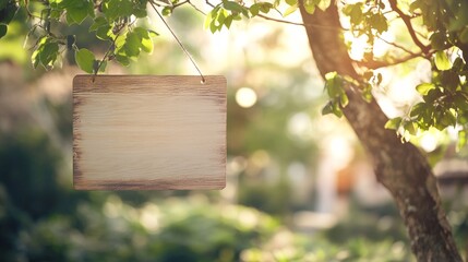 Leinwandbilder - Wooden sign hanging from a tree in a tranquil garden setting
