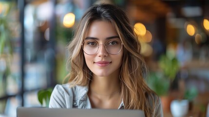 Wall Mural - Focused and Productive: Young Businesswoman Excelling at Work on Laptop in Office Workspace