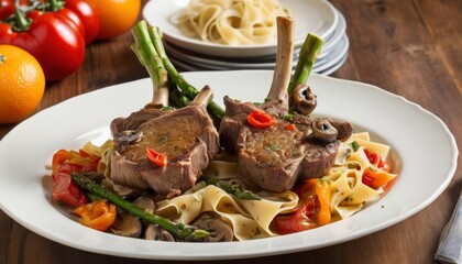 Wall Mural -  Deliciously cooked lamb chops with a side of pasta and vegetables