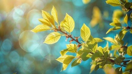 Wall Mural - Serene Spring Scenery: Soft-lit Landscape of Lush Green Leaves and Blue Sky