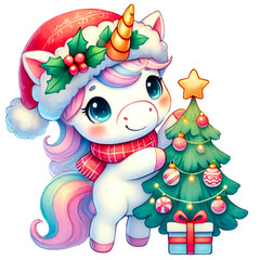 Cute Christmas Unicorns with Gifts and Decorations, Adorable Christmas-themed unicorns adorned with festive accessories, surrounded by gifts, holiday decorations, and Christmas trees
