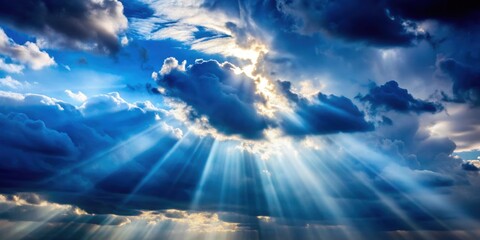 Wall Mural - shafts of light breaking through a cloudy sky with blue and black background, sun rays, sunlight, cl