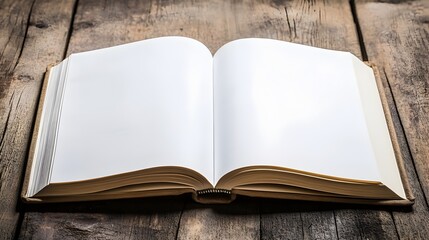 Poster - Blank open book placed on a wooden table leaving empty copy space on right side  Minimal simple and clean composition for education literature learning or office supply concepts