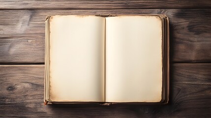 Poster - Overhead view of an open book with blank pages placed on a simple wooden table leaving empty space on the right side for copy or text  This minimalist