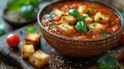 Wall Mural - Bowl of Tomato Basil Soup with Fresh Basil and Croutons