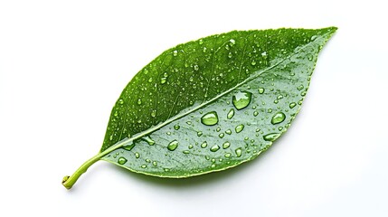 Poster - Closeup of a single vibrant green leaf with glistening water droplets isolated on a clean and minimalist white background showcasing the natural beauty and tranquility of the botanical world