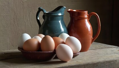 Wall Mural -  Vintage charm  A rustic table setting with a collection of eggs and ceramic pitchers