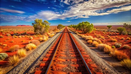 scenic red outback railway running through the australian desert , outback, railway, train tracks, d