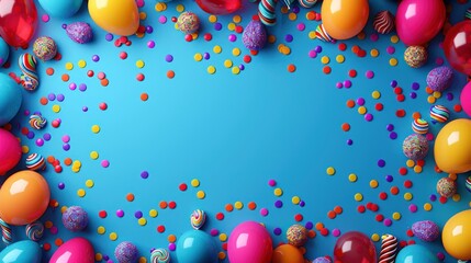 Wall Mural - Colorful Celebration: Carnival or Birthday Background with Balloons, Streamers, Confetti, and Candy on Blue Frame