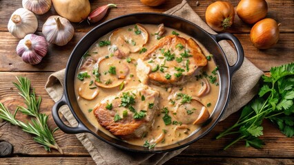 Wall Mural - Creamy smothered pork chops in rich onion gravy, top view, pork chops, creamy, smothered, onion gravy, top view, comfort food