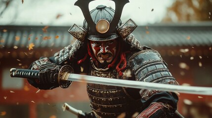 Samurai Warrior in Full Armor with Sword Drawn