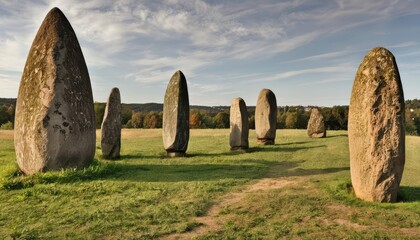  Ancient monoliths standing tall in a grassy field