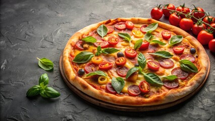 Wall Mural - Delicious, mouth-watering pizza on a plain background, Pizza, cheese, pepperoni, tomato, crust, melted, savory, tasty, Italian