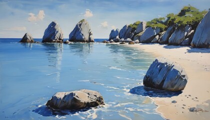 Canvas Print -  Tranquil Beach  Rocks and Reflections