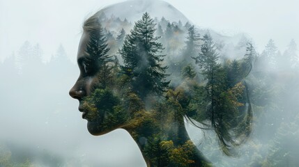 Nature's Reflection: Woman's Head in Double Exposure with Forest Landscape