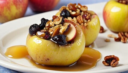 Wall Mural -  Deliciously baked apples with walnuts and caramel sauce