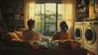 © bird_saranyoo - A couple enjoying a calm evening while folding laundry together, sharing a quiet moment in their cozy living room
