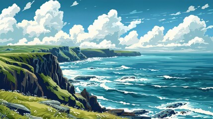 Wall Mural - Serene Seascape of Irish Coastal Countryside Illustration