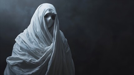 Enigmatic ghostly figure draped in translucent white sheets hovering against a dark moody background with an air of mystery and the supernatural  This conceptual