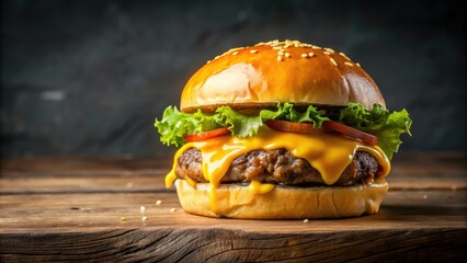 Close-up shot of a succulent burger with melted cheese , juicy, burger, cheese, close-up, shot, food, savory, delicious