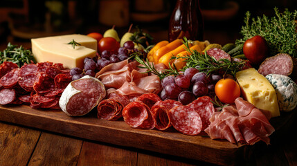 Wall Mural - Sliced gourmet meat, cheese, vegetables and fruits on wooden board