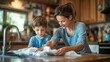 © bird_saranyoo - A mother and son wiping down kitchen counters after breakfast, both focused and happy, making the kitchen shine together.
