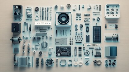 Poster - A flat lay of a digital twin simulation with 3D models, with ample copy space.