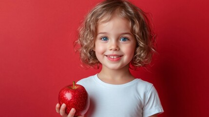 Portrait of smiling cherubic blue-eyed little girl with short curly fair hair wearing white T-shirt, holding red apple, standing on red background. Studio. Healthy food, vitamins, childhood, summer.