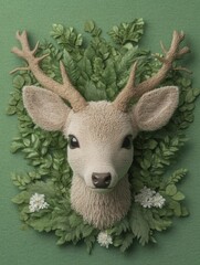 Sticker - A detailed sculpture of a deer’s head surrounded by lush green foliage and white flowers