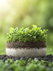 Wall Mural - A lush green plant growing in a cross sectioned pot showcasing layers of soil and roots against a blurred nature background