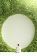 Canvas Print - A person meditates in front of a large circular opening surrounded by lush greenery.