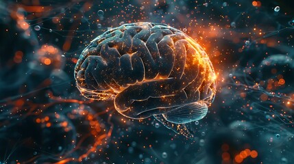 Poster - 3D illustration of a digital brain with glowing sparks and lines representing the neural network. The image depicts the intricate workings of the brain and the flow of information.
