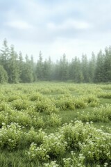 Wall Mural - A serene meadow adorned with blooming white flowers stretches out before a dense forest under a cloudy sky