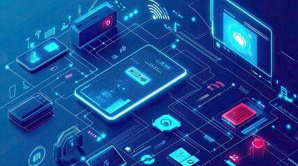 Fototapete - A flat lay of an IoT (Internet of Things) dashboard with connected devices, with copy space available.