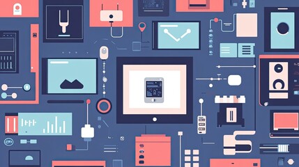 Fototapete - A flat lay of an IoT (Internet of Things) dashboard with connected devices, with copy space available.