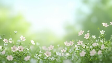 Wall Mural - A serene meadow with delicate white and pink flowers blooming under a soft sunlit sky