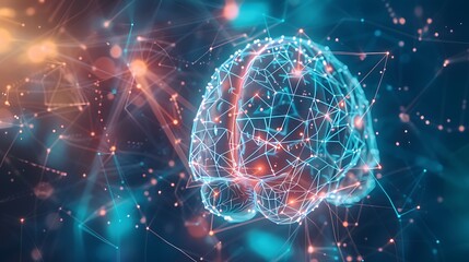 Poster - 3d rendered abstract illustration of a human brain embedded in a glowing network, representing a com