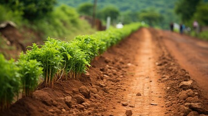 Canvas Print - Carrot bushes are planted in a row. Growing vegetables in rural areas. 