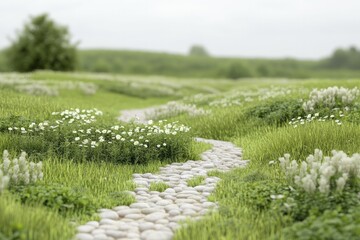 Sticker - A serene path of white stones winds through a lush green meadow dotted with white flowers