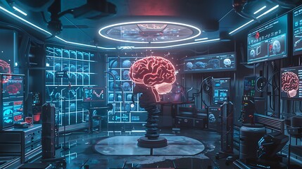 Poster - Futuristic lab with a glowing brain at the center, surrounded by computers and technology.