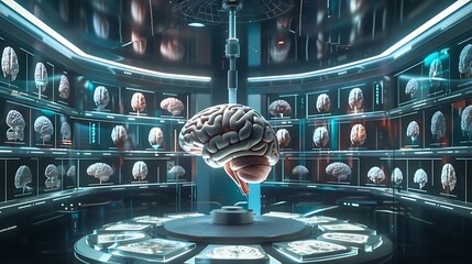 Poster - futuristic laboratory with human brain model surrounded by multiple screens displaying various brain