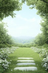 Poster - A serene pathway surrounded by lush greenery and delicate white flowers leading toward distant mountains